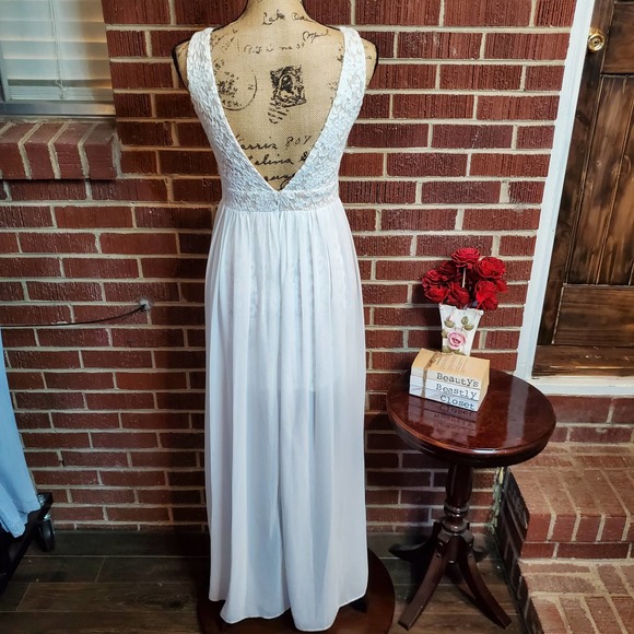 Lulus Chiffon Lace Plunge Flowy Floor Length Wedding Dress White, Open Back - Picture 9 of 11